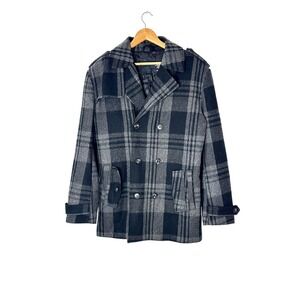 JACK &‎ JONES Mens Plaid Wool Blend Double Breasted Pea Coat Jacket XL NWT